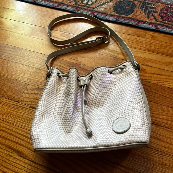 vtg 1983 Liz Claiborne 10" drawstring bucket handbag purse taupe triangle logo - Picture 1 of 7